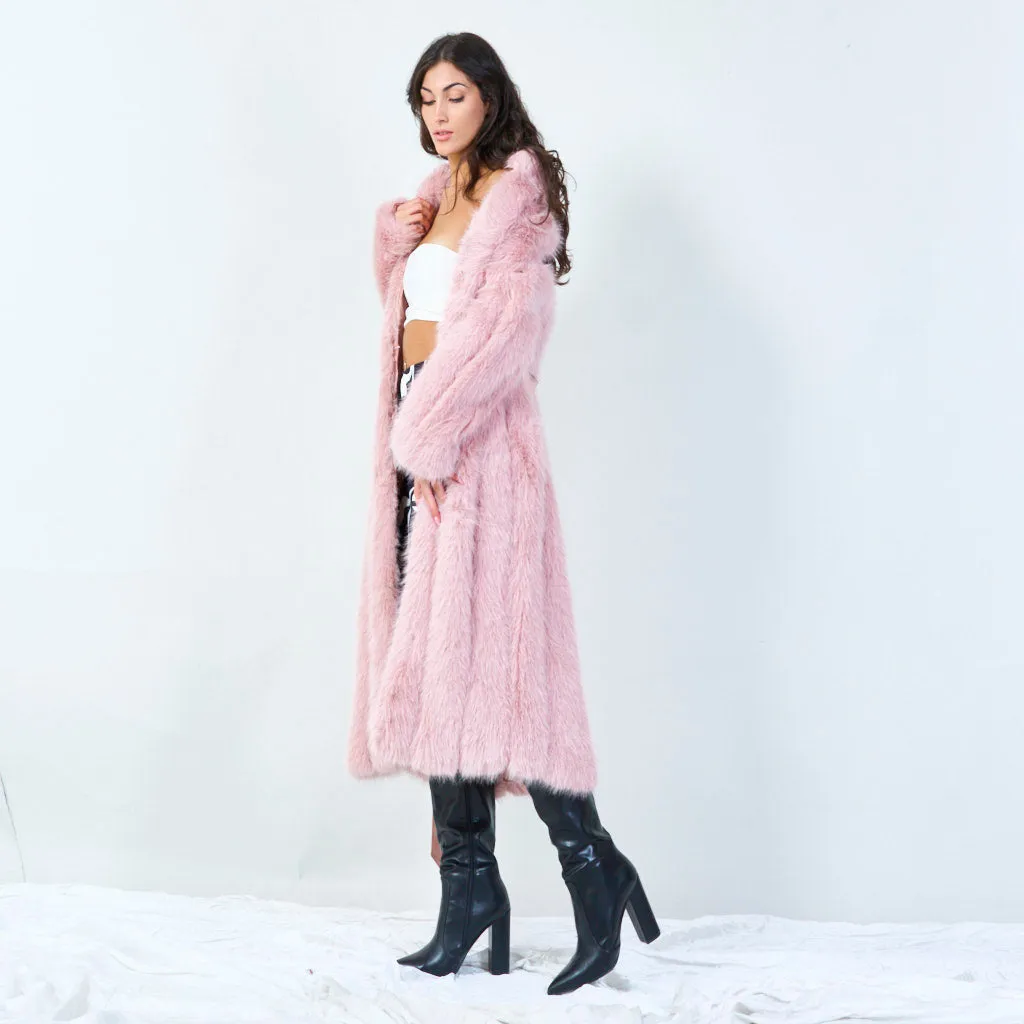 Long faux fur coat with waist tie wholesale