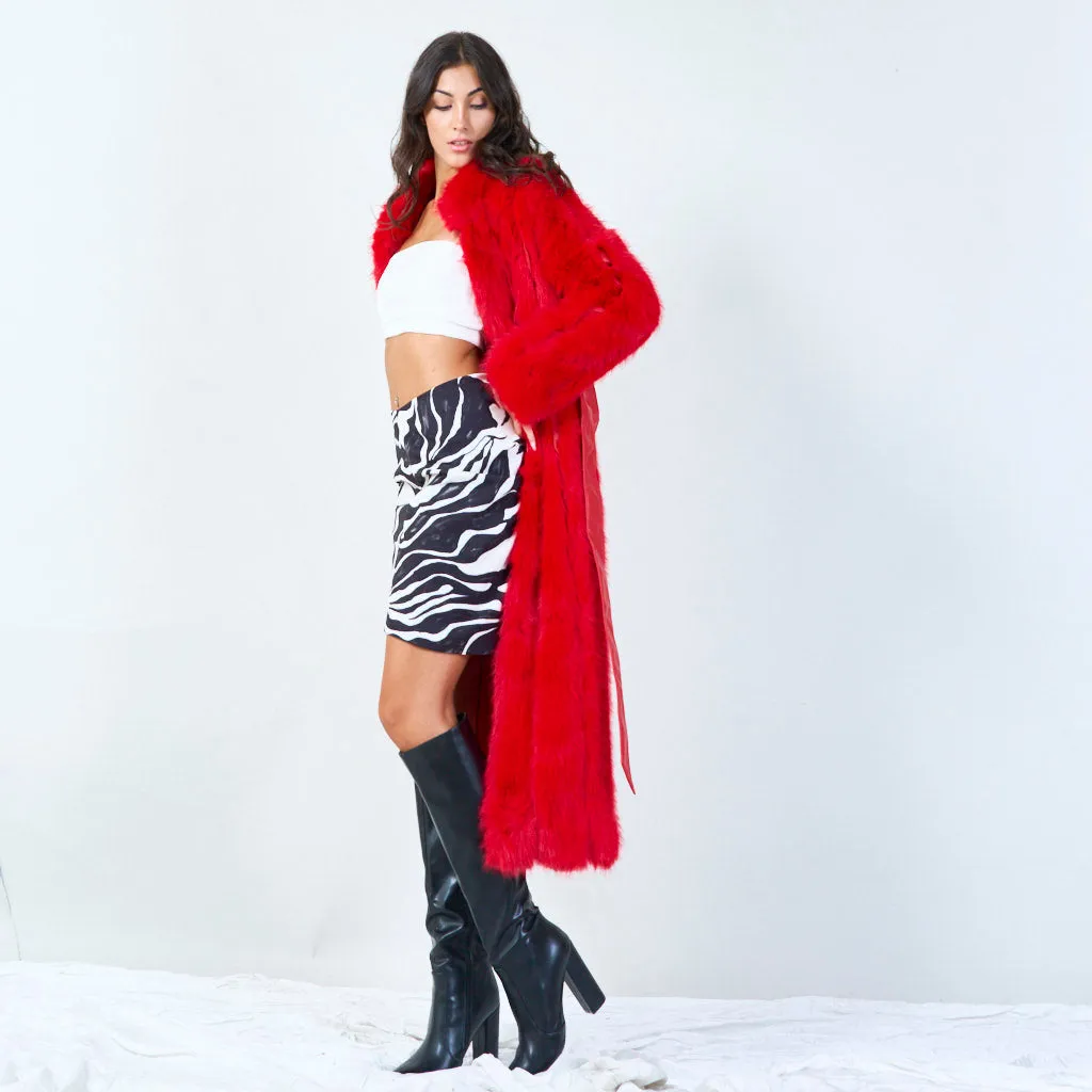 Long faux fur coat with waist tie wholesale