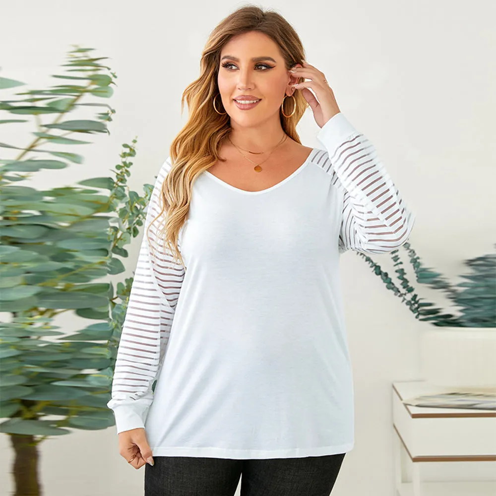 Loose Wholesale Plus Size Tops Casual Solid Color Striped T-Shirts