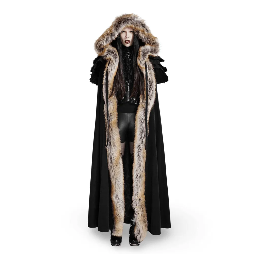 Luxurious Gothic Fur-Trimmed Woolen Long Cloak