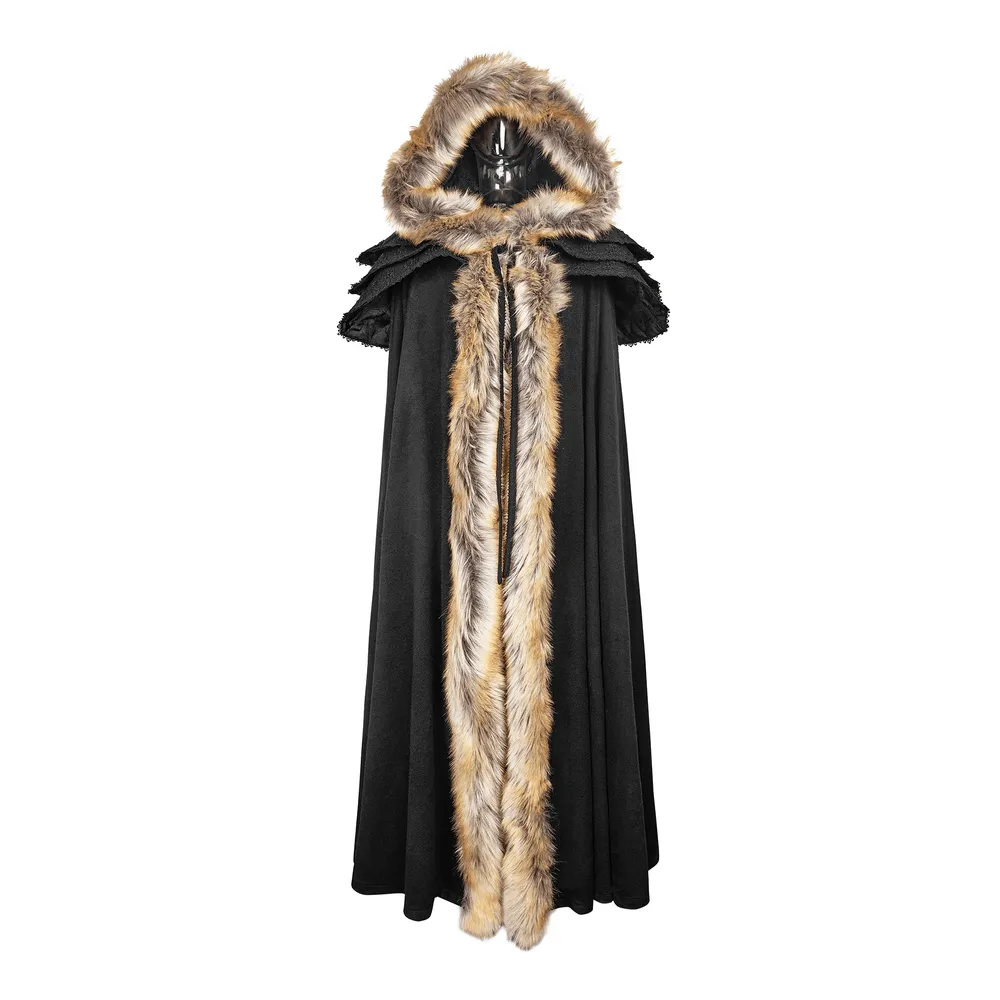 Luxurious Gothic Fur-Trimmed Woolen Long Cloak