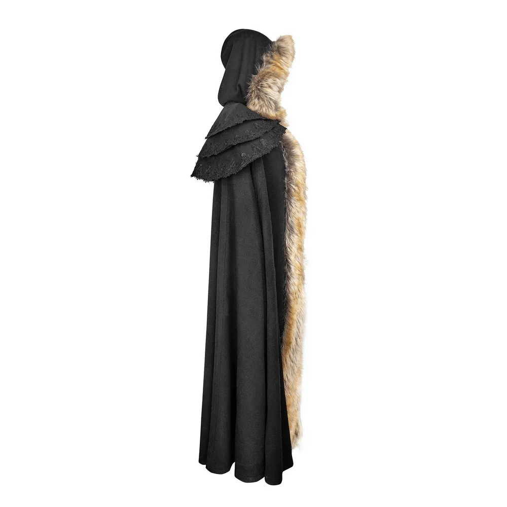 Luxurious Gothic Fur-Trimmed Woolen Long Cloak