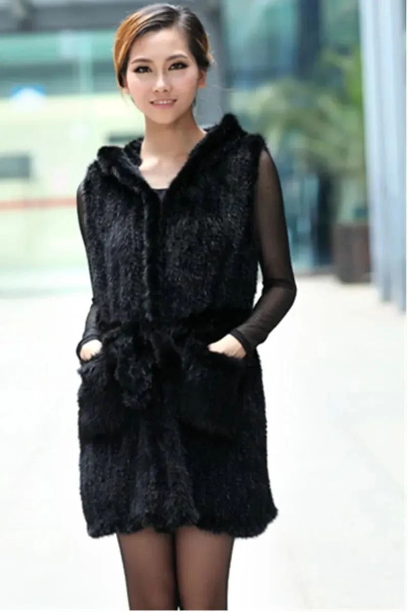 Luxurious Warmth: Hooded Genuine Knitted Mink Fur Vest Coat for Stylish Winter Elegance