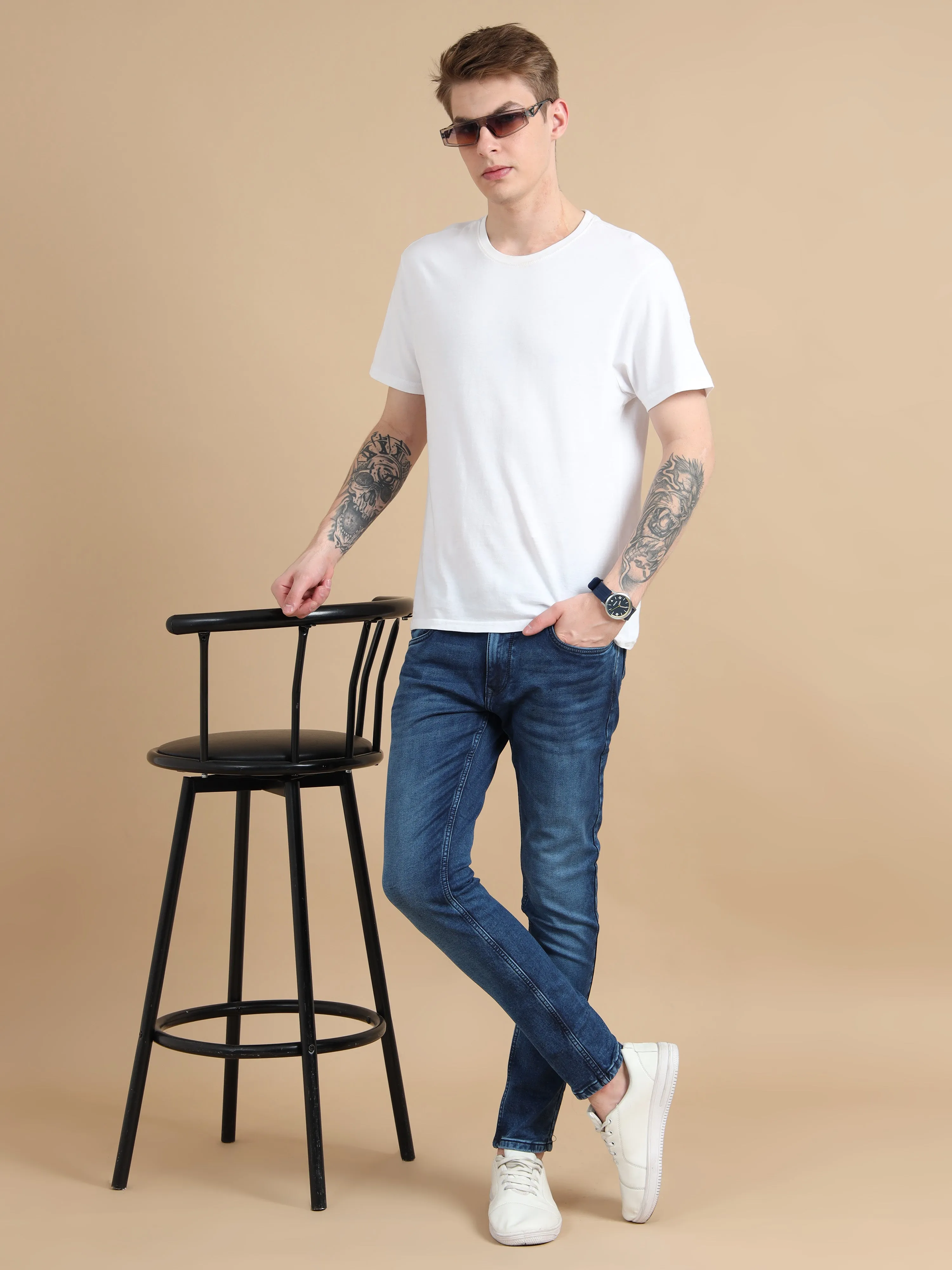 Men Ms Blue Solid Ankle Fit Stretchable Denim Jeans