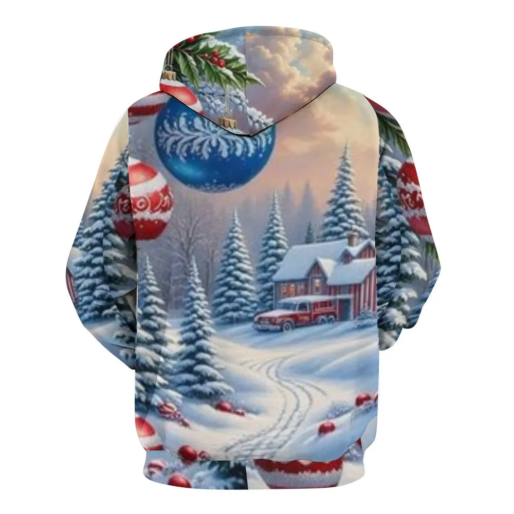 Mens Christmas Festival Winter Snow Graphic Pullover With Kangaroo Pocket Hoodies