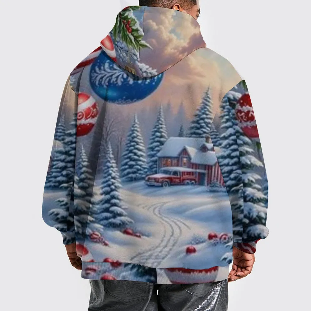 Mens Christmas Festival Winter Snow Graphic Pullover With Kangaroo Pocket Hoodies