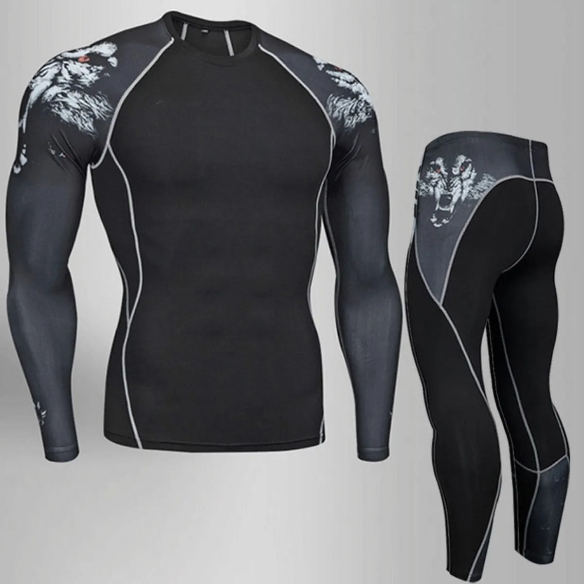 Men's Compression Thermal Underwear - Black/Wolf Design