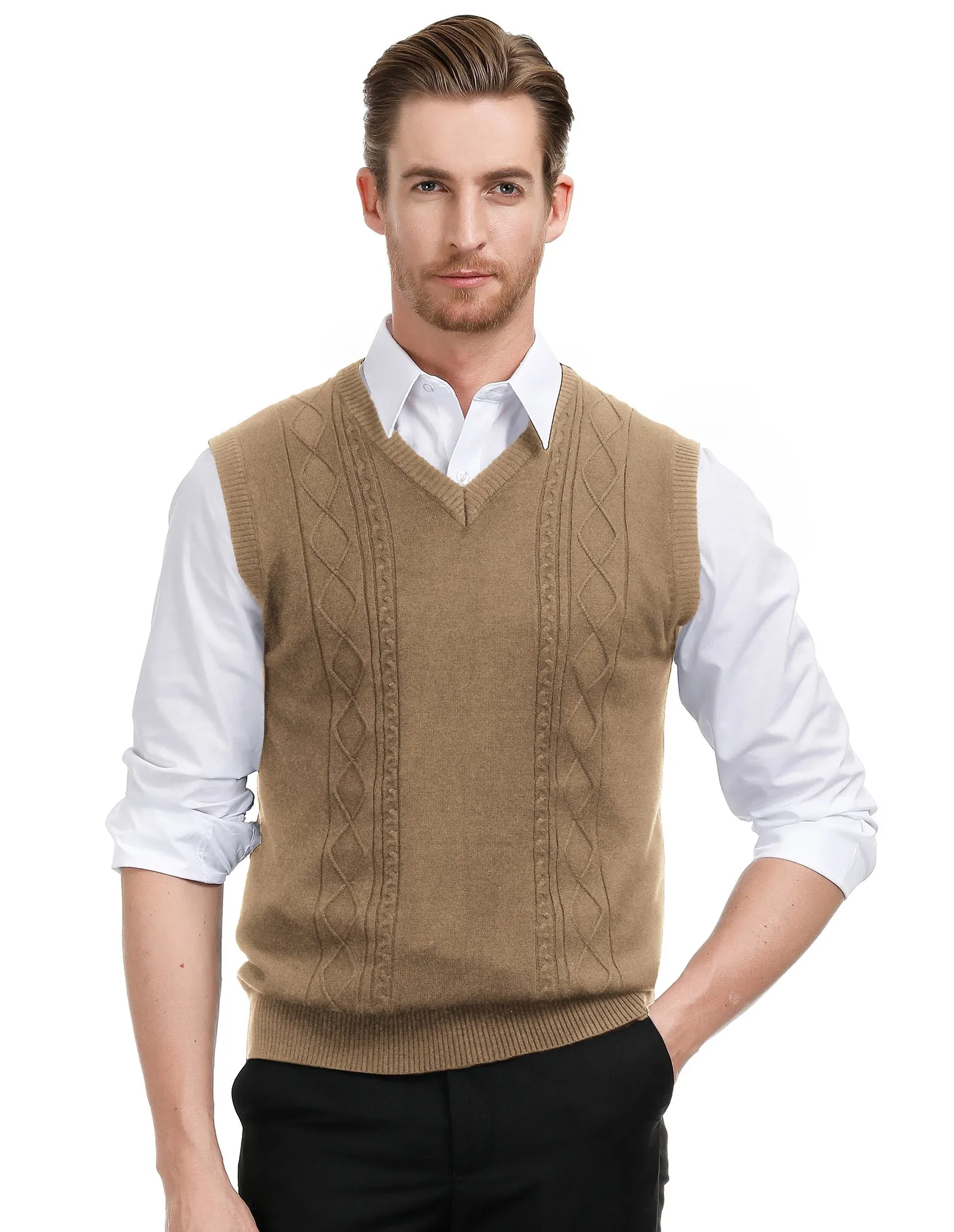 Men's V Neck Sweater Vest Cable Knitted Pullover Sweaters Vest