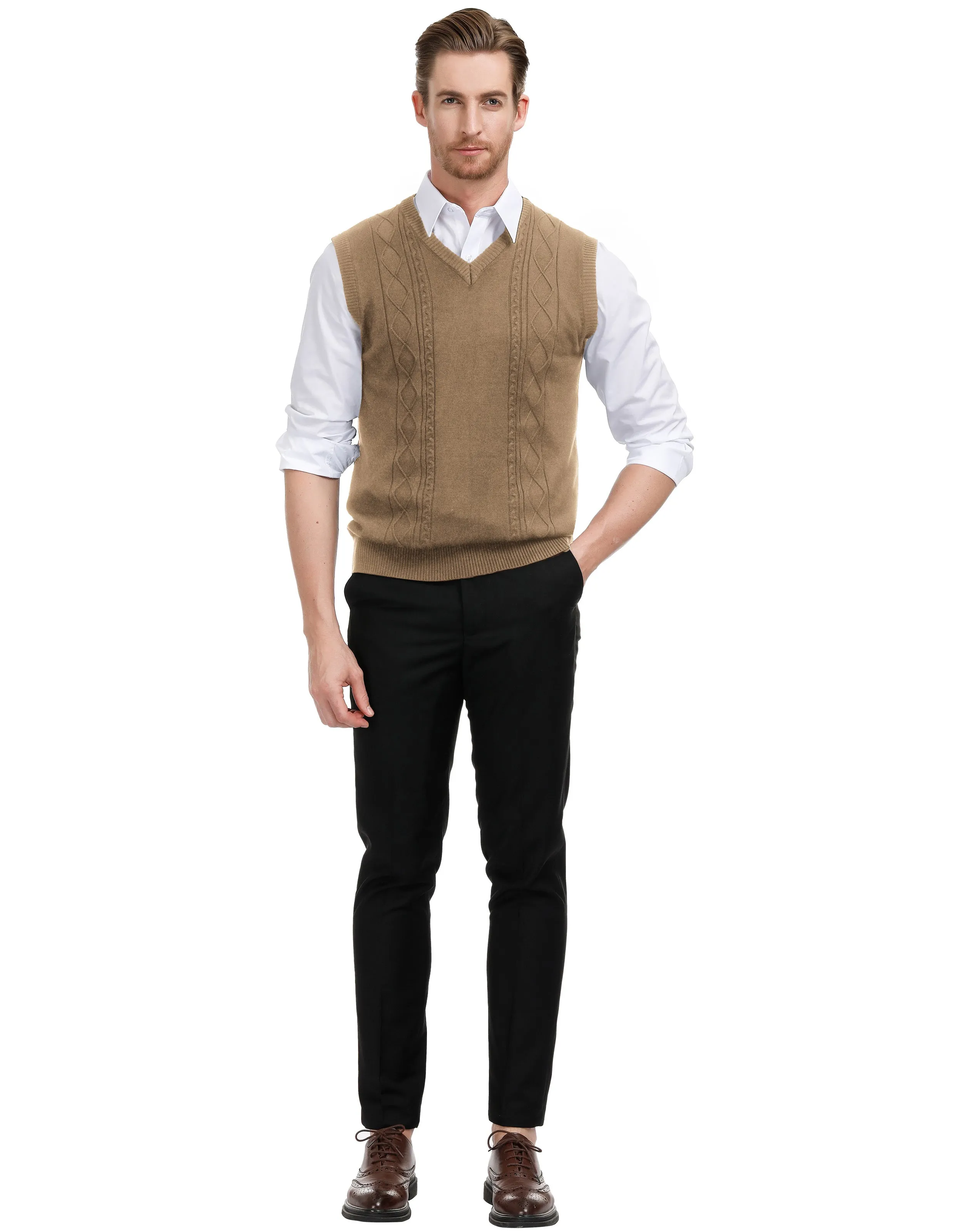 Men's V Neck Sweater Vest Cable Knitted Pullover Sweaters Vest