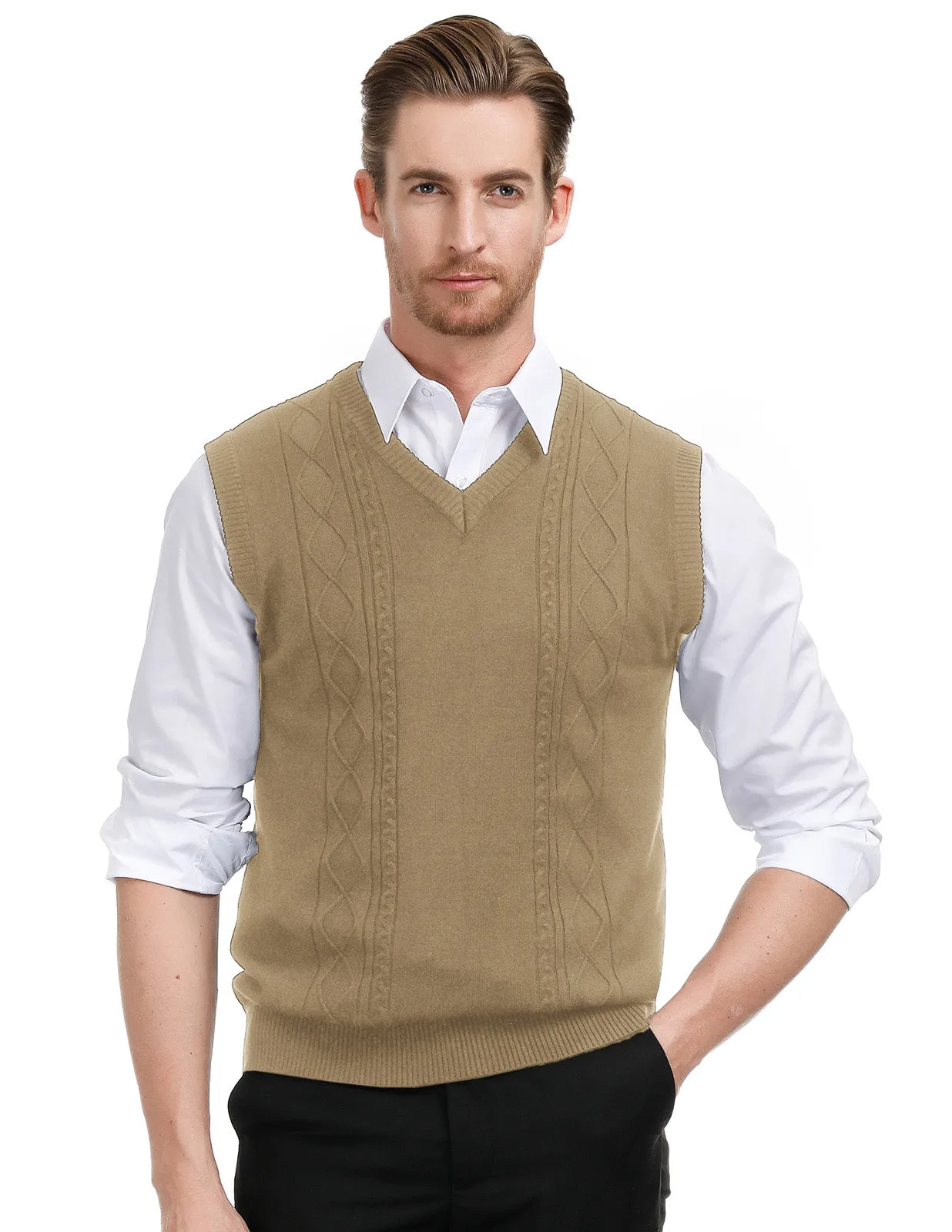 Men's V Neck Sweater Vest Cable Knitted Pullover Sweaters Vest