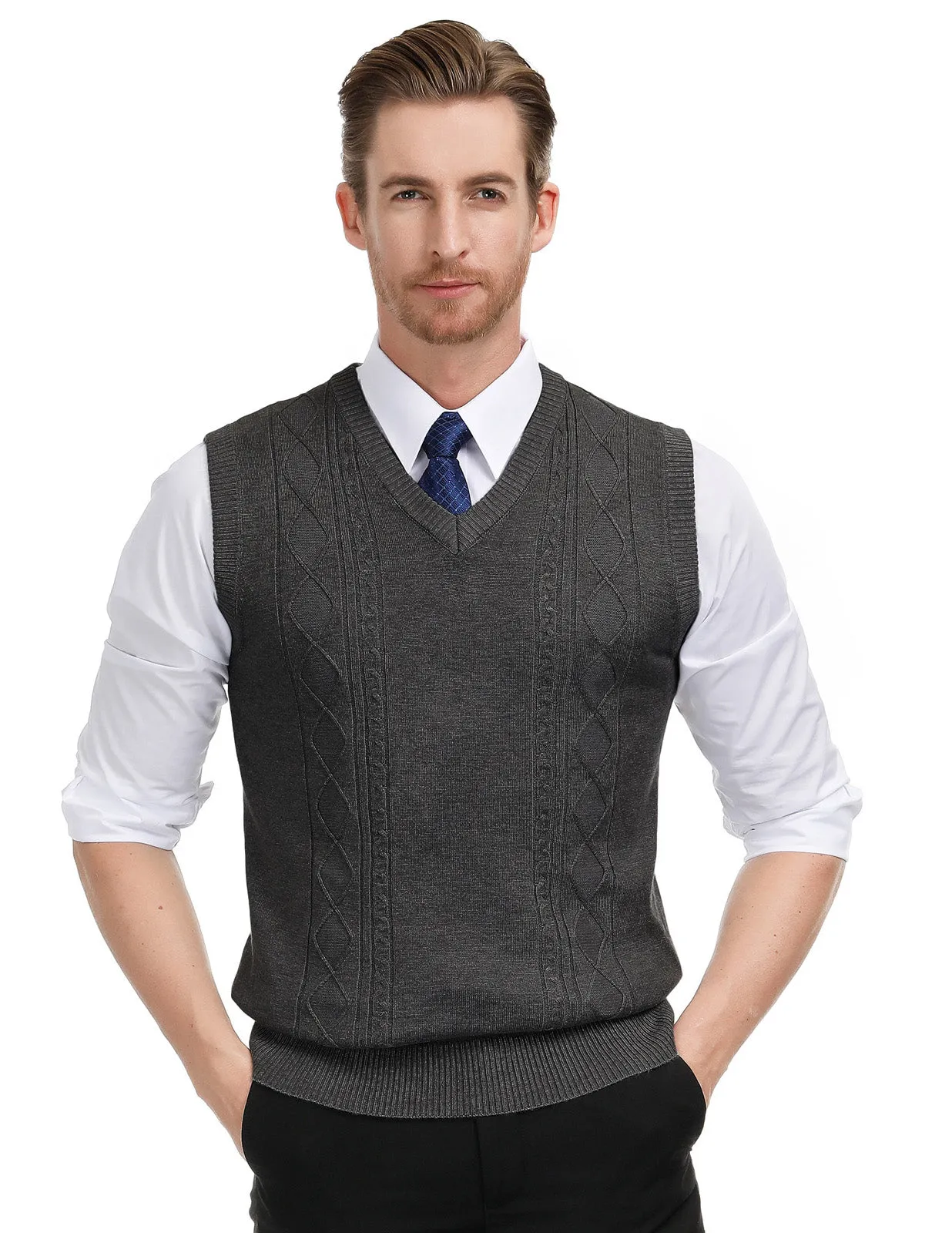 Men's V Neck Sweater Vest Cable Knitted Pullover Sweaters Vest