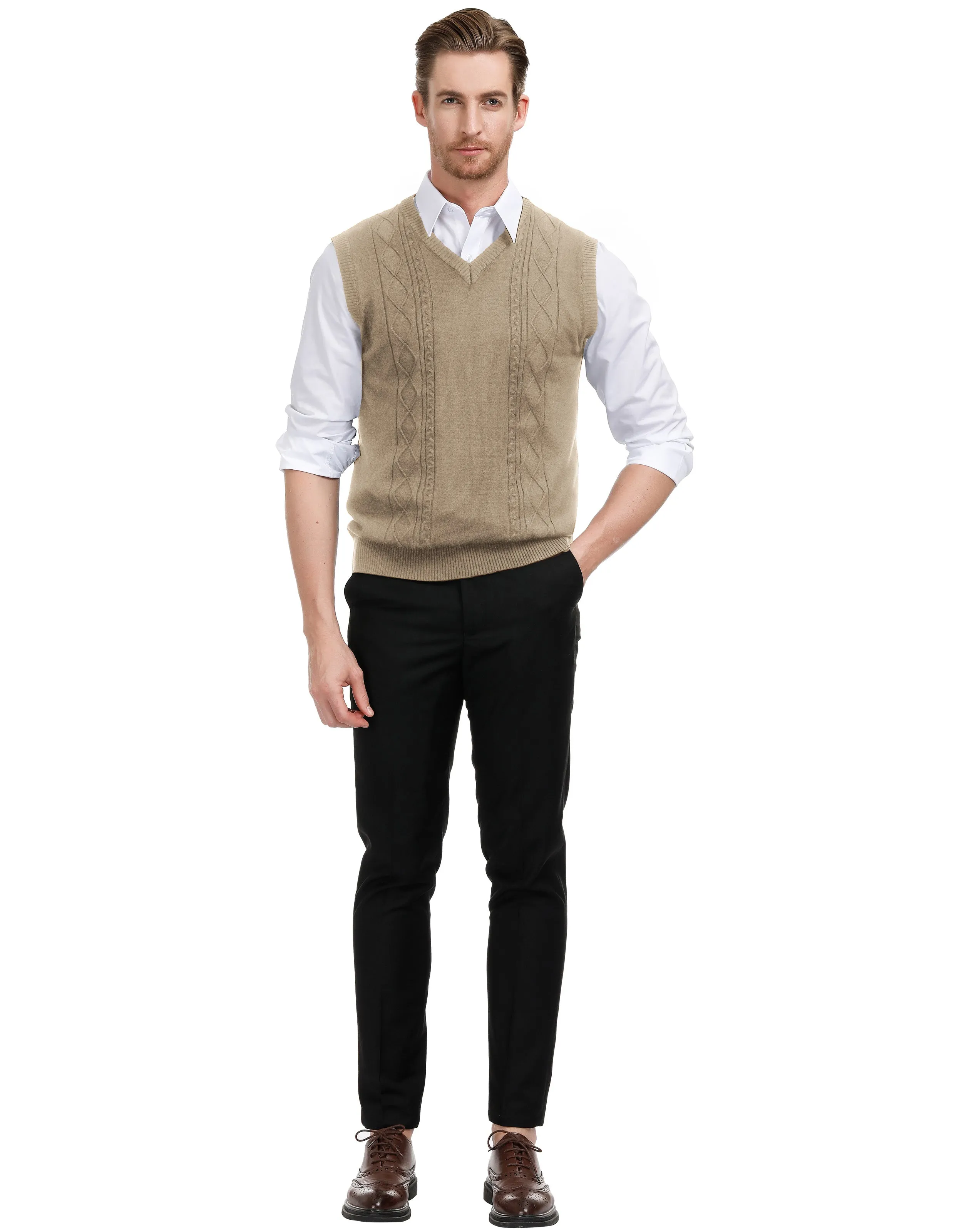 Men's V Neck Sweater Vest Cable Knitted Pullover Sweaters Vest