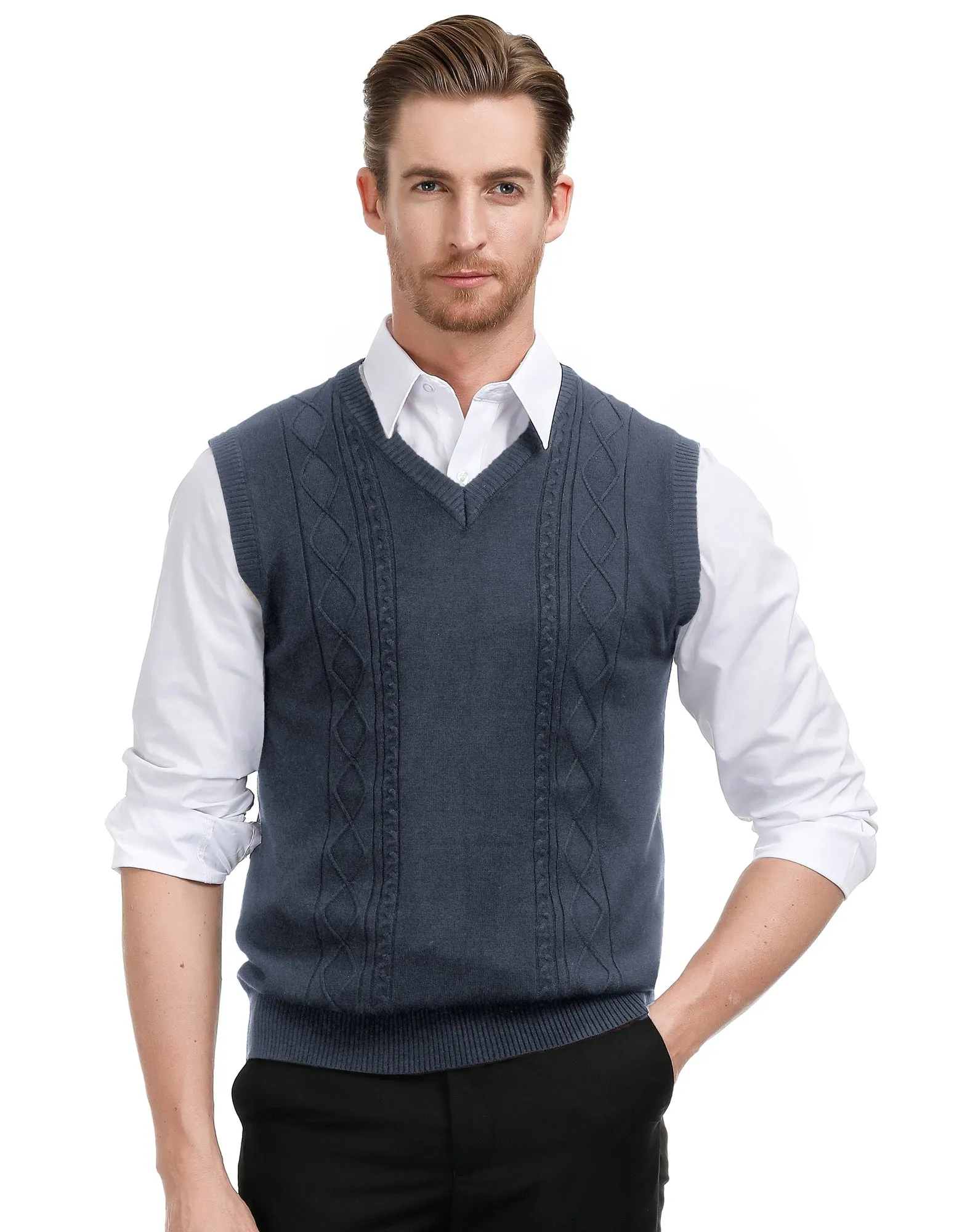 Men's V Neck Sweater Vest Cable Knitted Pullover Sweaters Vest