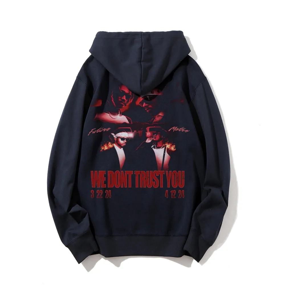 Mens Vintage We Don't Trust You Print Graphic Pullover With Kangaroo Pocket Hoodies