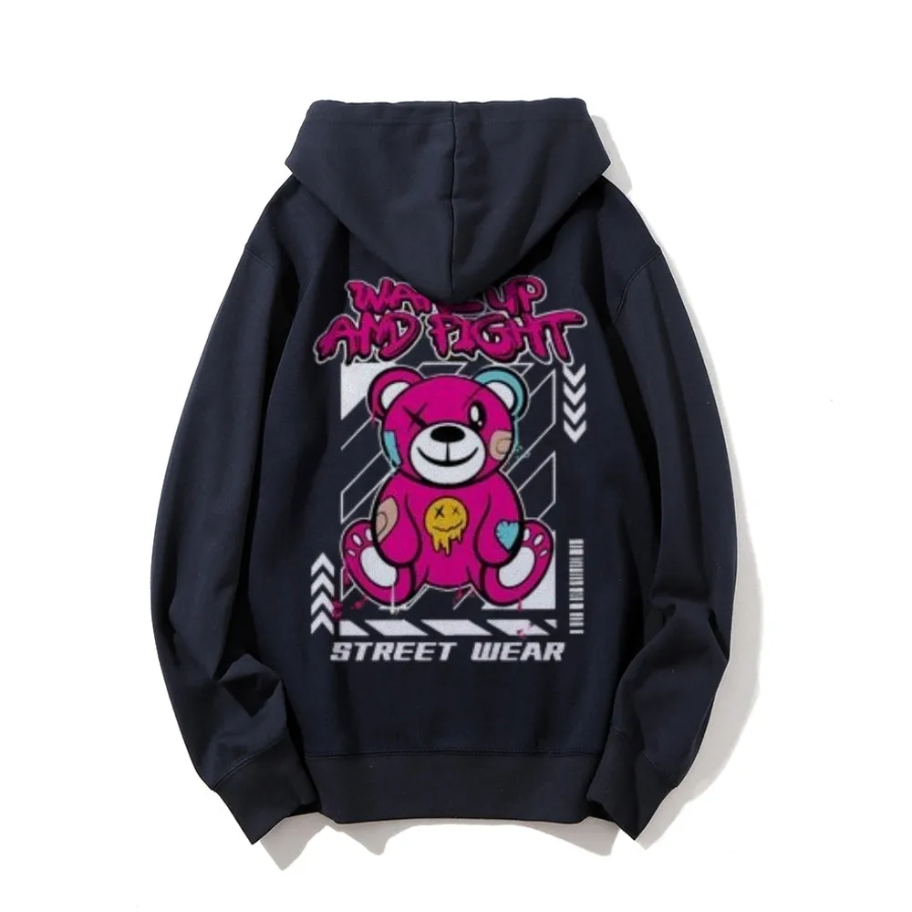 Mens WAKE UP AND FIGHT Bear Graphic Hoodies