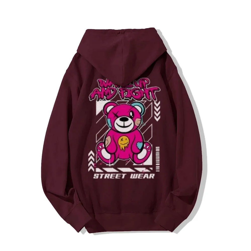 Mens WAKE UP AND FIGHT Bear Graphic Hoodies