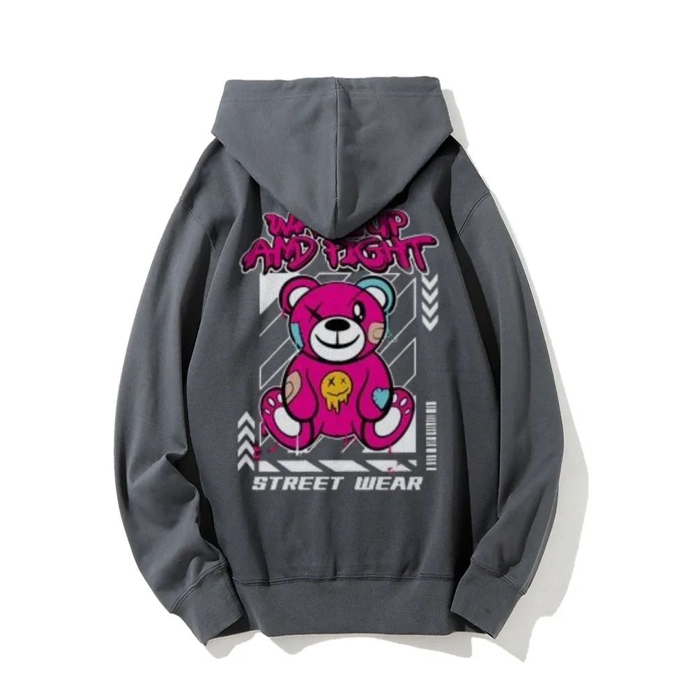 Mens WAKE UP AND FIGHT Bear Graphic Hoodies