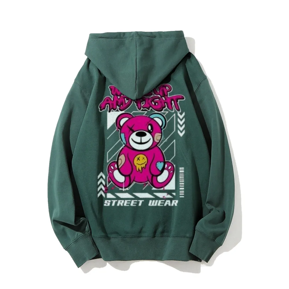 Mens WAKE UP AND FIGHT Bear Graphic Hoodies