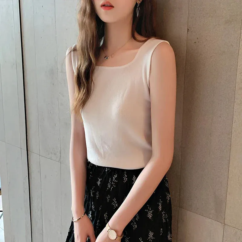 Metaversmall Basic Knitted Vests Women O-Neck T-Shirt Sleeveless Tank Tops Female Casual Summer Crop Top Woman Black White Green