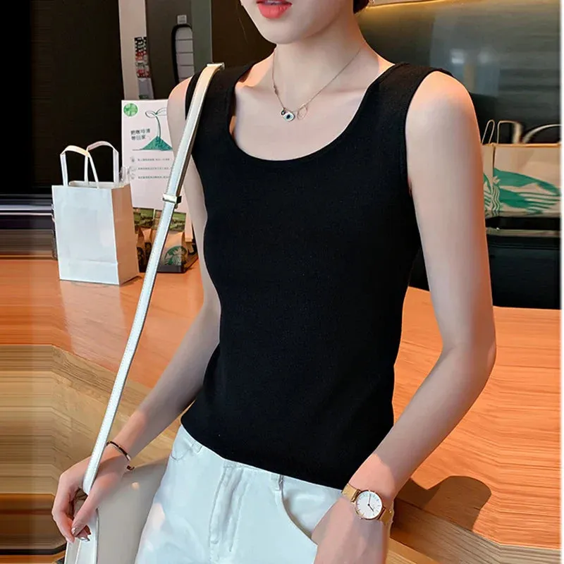 Metaversmall Basic Knitted Vests Women O-Neck T-Shirt Sleeveless Tank Tops Female Casual Summer Crop Top Woman Black White Green