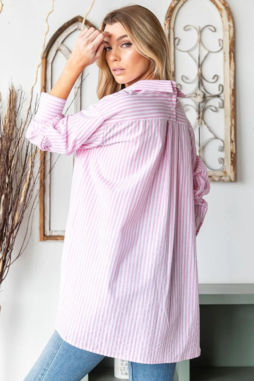 Pink Striped Button Down High-Low Hem Shirt for Women