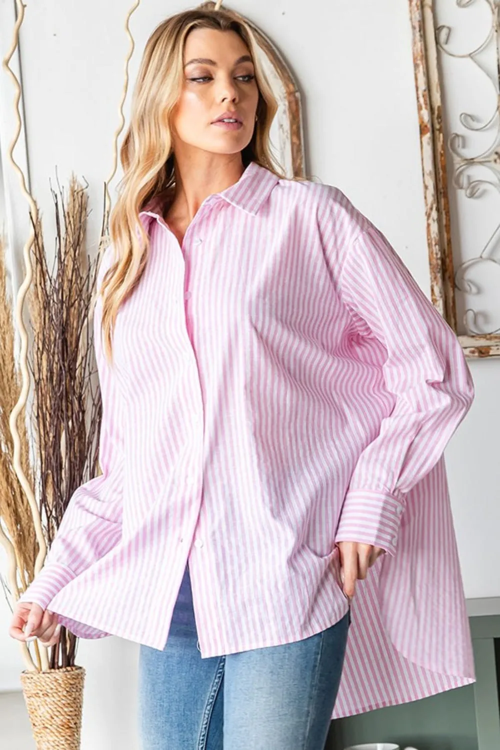 Pink Striped Button Down High-Low Hem Shirt for Women