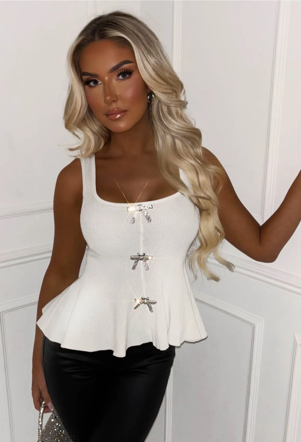 Pixie White Peplum Diamond Bow Top