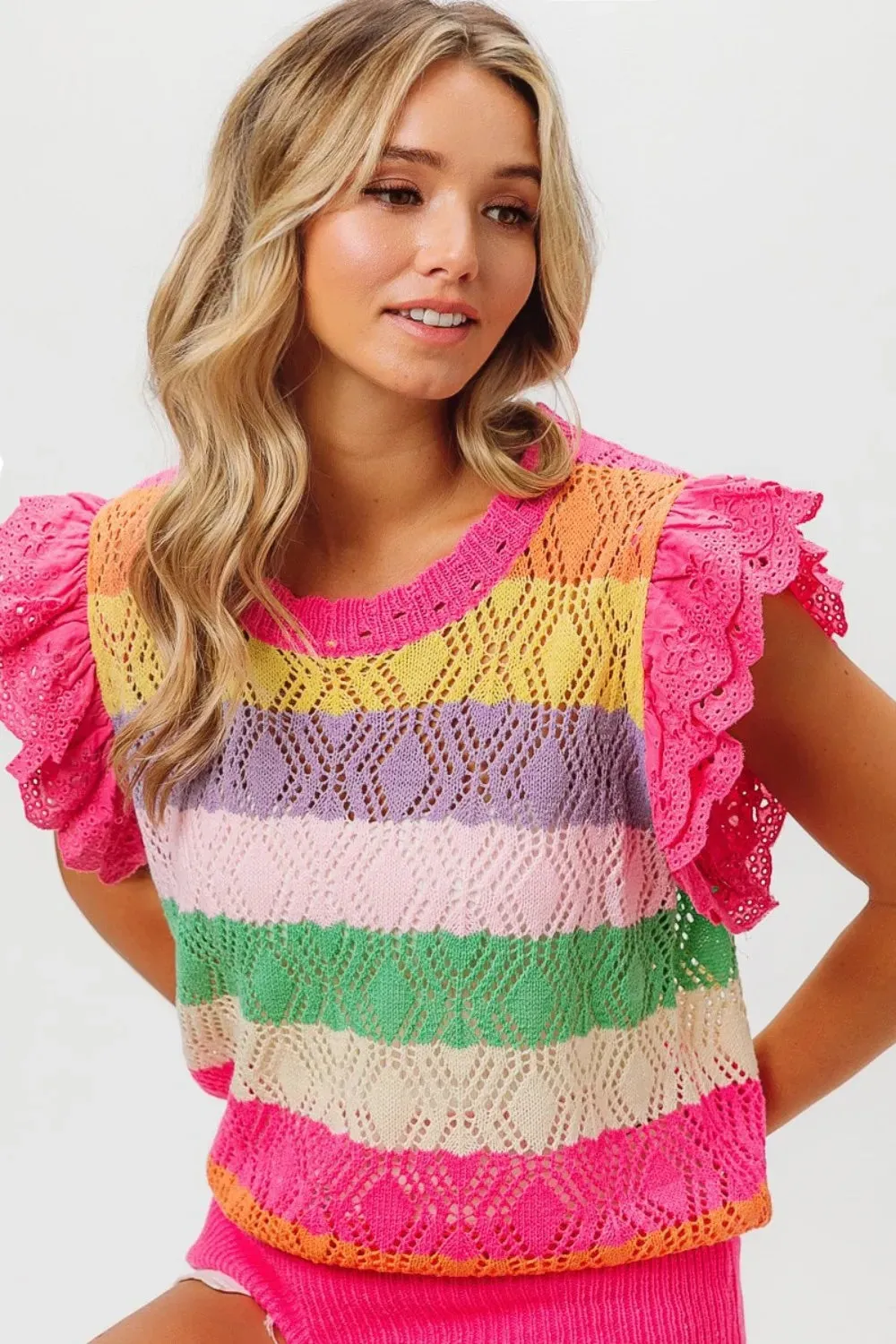 Pointelle Striped Ruffled Knit Top