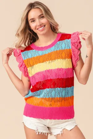 Pointelle Striped Ruffled Knit Top