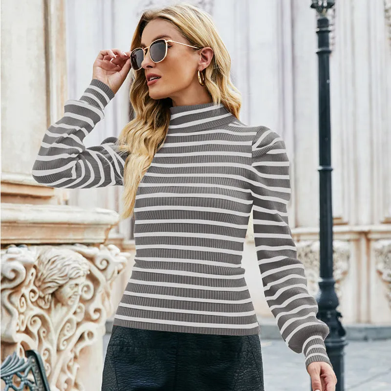 Puffed Sleeve Striped Top High-Neck Knitted Bottoming Sweater Womens Wholesale Clothing Vendors