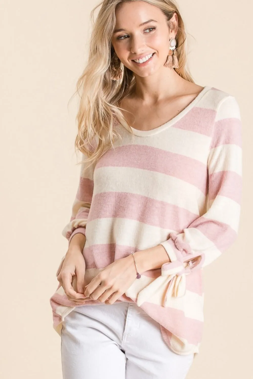 Ribbon Cuff Contrast Striped Hacci Top