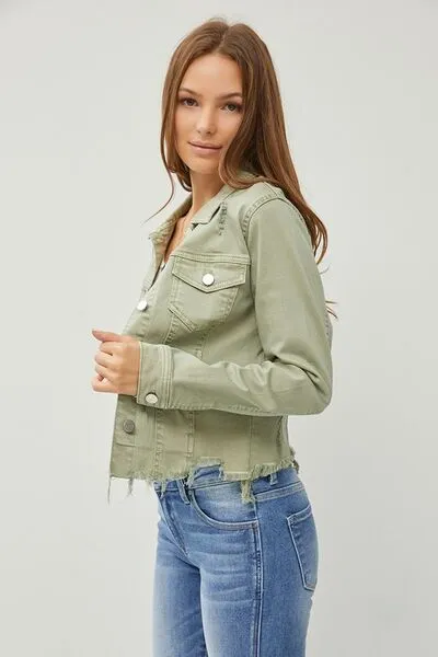 RISEN Raw Hem Button Up Cropped Denim Jacket