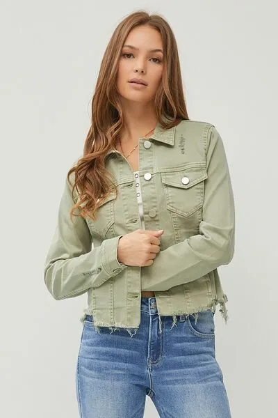 RISEN Raw Hem Button Up Cropped Denim Jacket