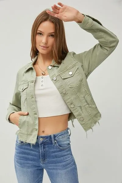 RISEN Raw Hem Button Up Cropped Denim Jacket