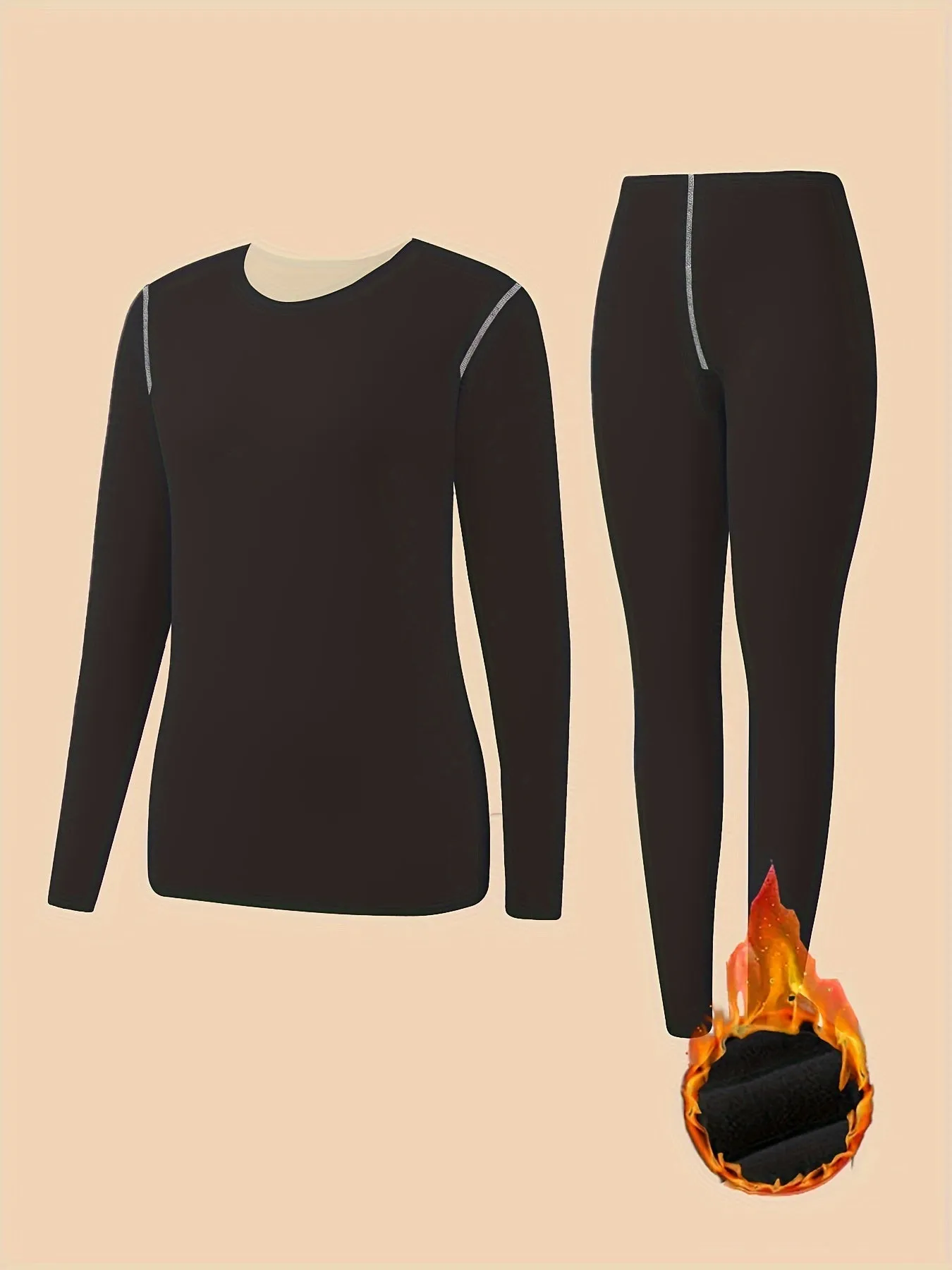 Seamless Thermal Underwear Set, Long Sleeve Crew Neck Tops & Pants, Women's Loungewear & Underwear