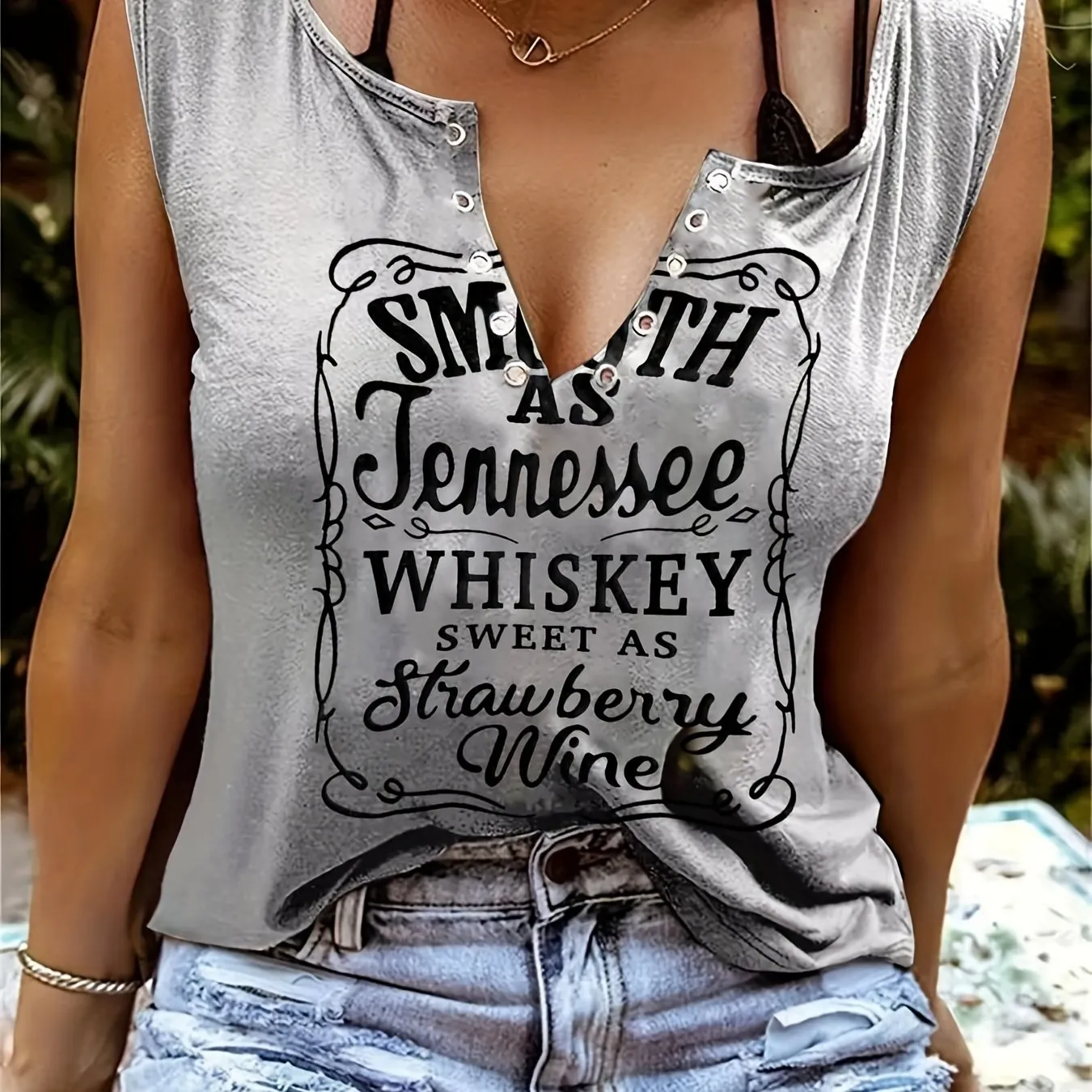 Sleeveless Whiskey Print Tee Perfect for Spring  Summer