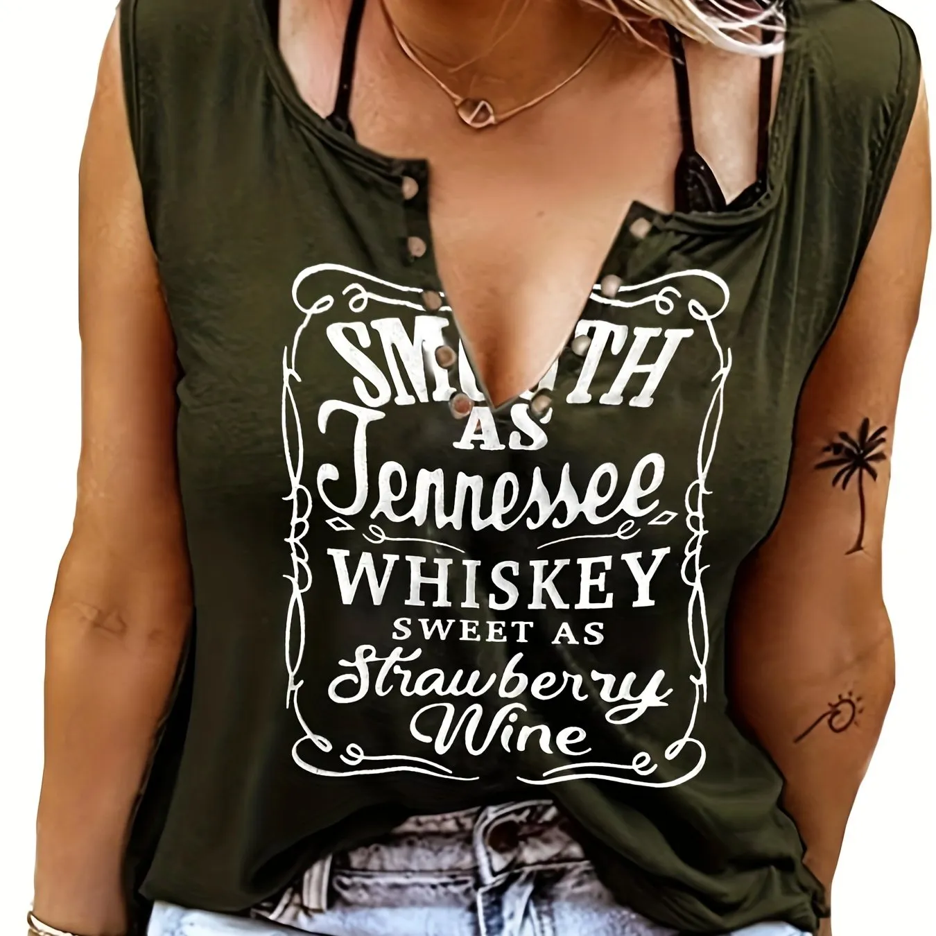 Sleeveless Whiskey Print Tee Perfect for Spring  Summer