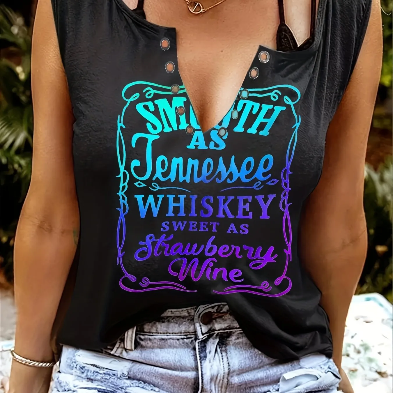 Sleeveless Whiskey Print Tee Perfect for Spring  Summer