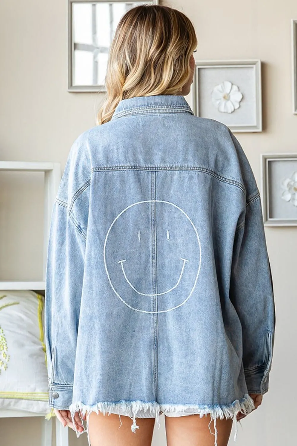 Smile Face Raw Hem Denim Jacket