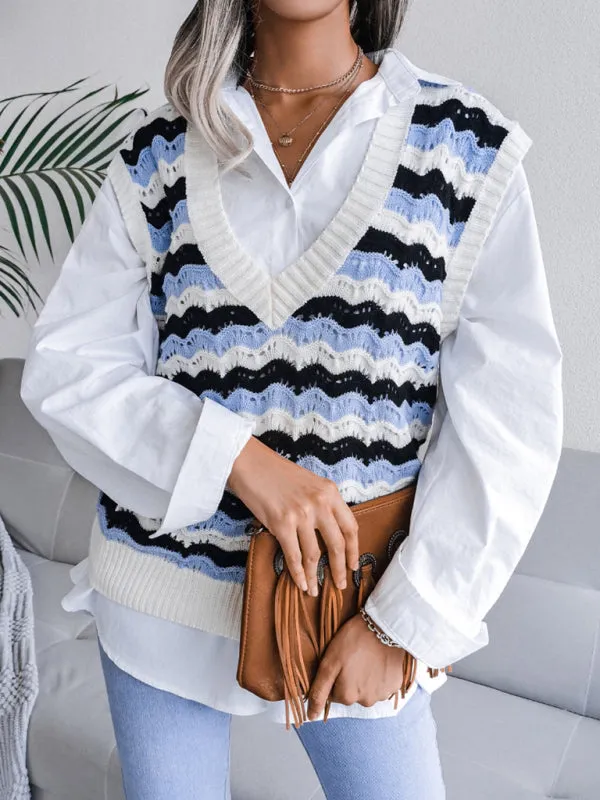 Stripe Knit V Neck Ves - Knitwear Sweater