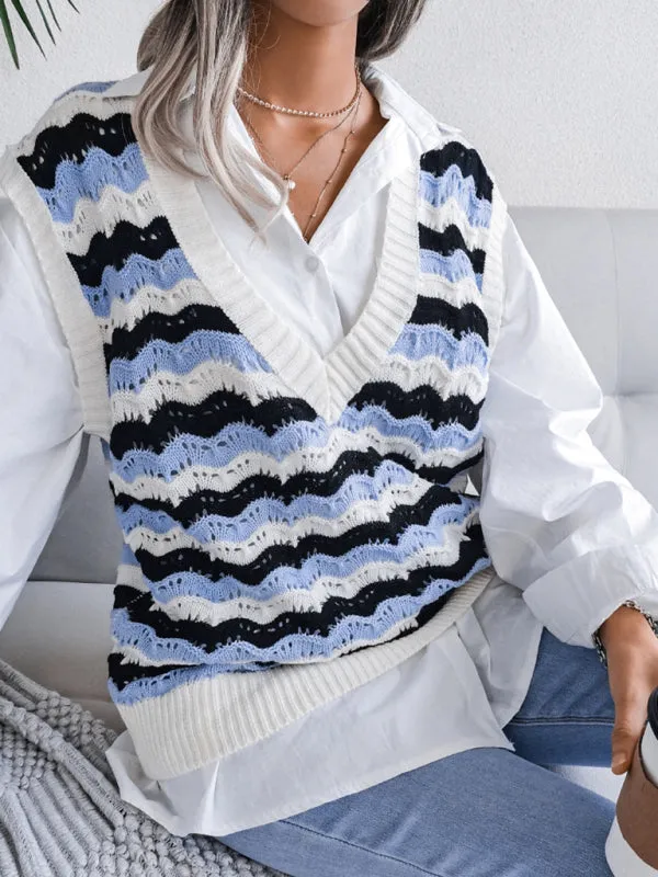 Stripe Knit V Neck Ves - Knitwear Sweater