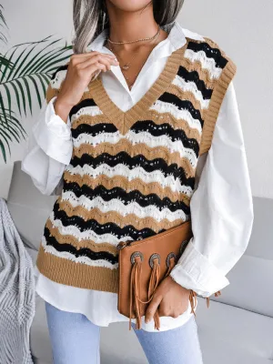 Stripe Knit V Neck Ves - Knitwear Sweater