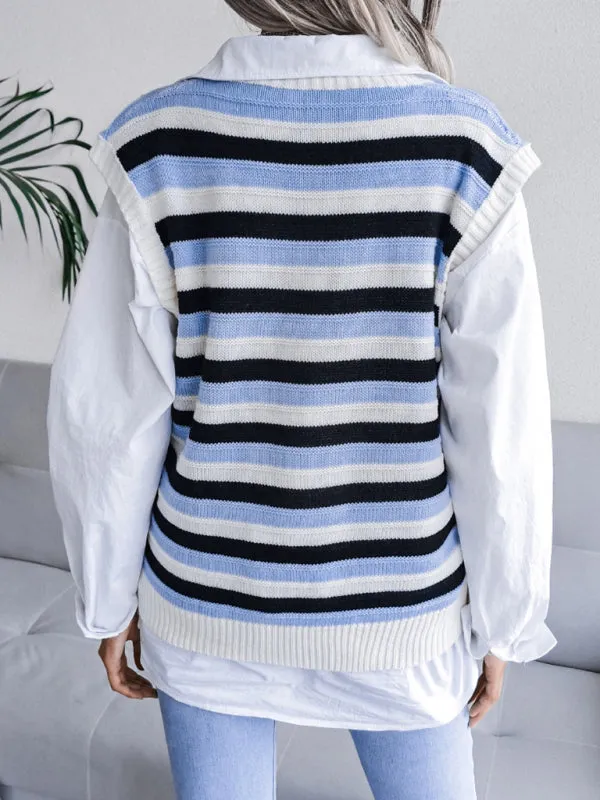 Stripe Knit V Neck Ves - Knitwear Sweater