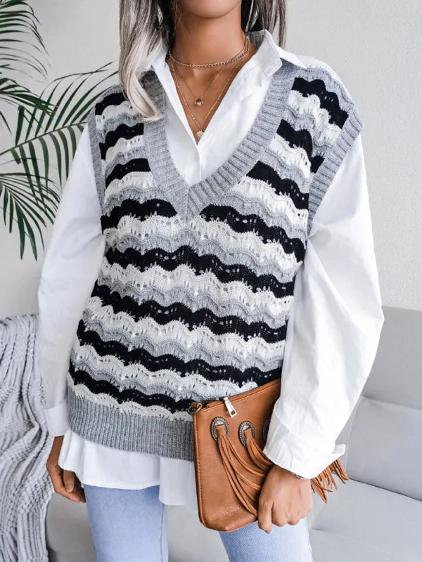 Stripe Knit V Neck Ves - Knitwear Sweater