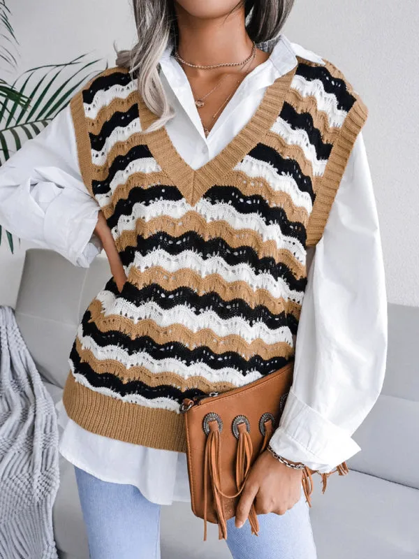 Stripe Knit V Neck Ves - Knitwear Sweater