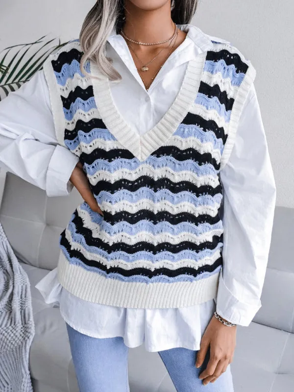 Stripe Knit V Neck Ves - Knitwear Sweater