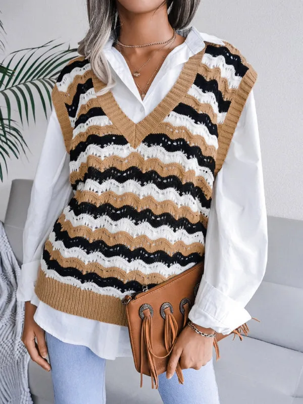 Stripe Knit V Neck Ves - Knitwear Sweater