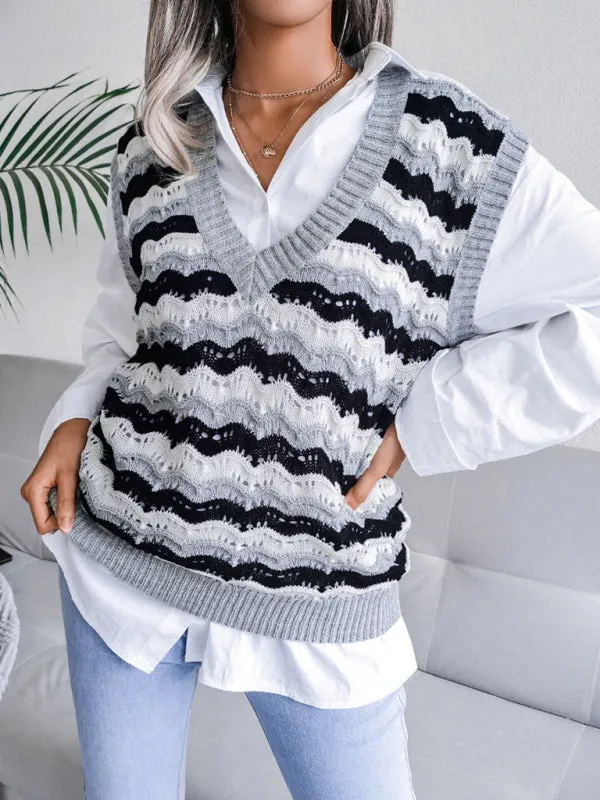 Stripe Knit V Neck Ves - Knitwear Sweater