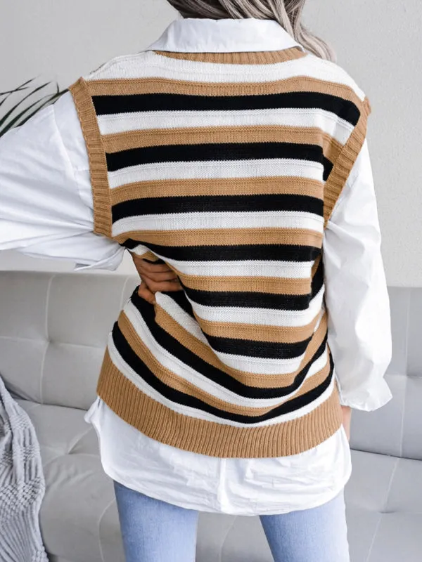 Stripe Knit V Neck Ves - Knitwear Sweater