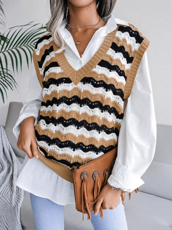 Stripe Knit V Neck Ves - Knitwear Sweater